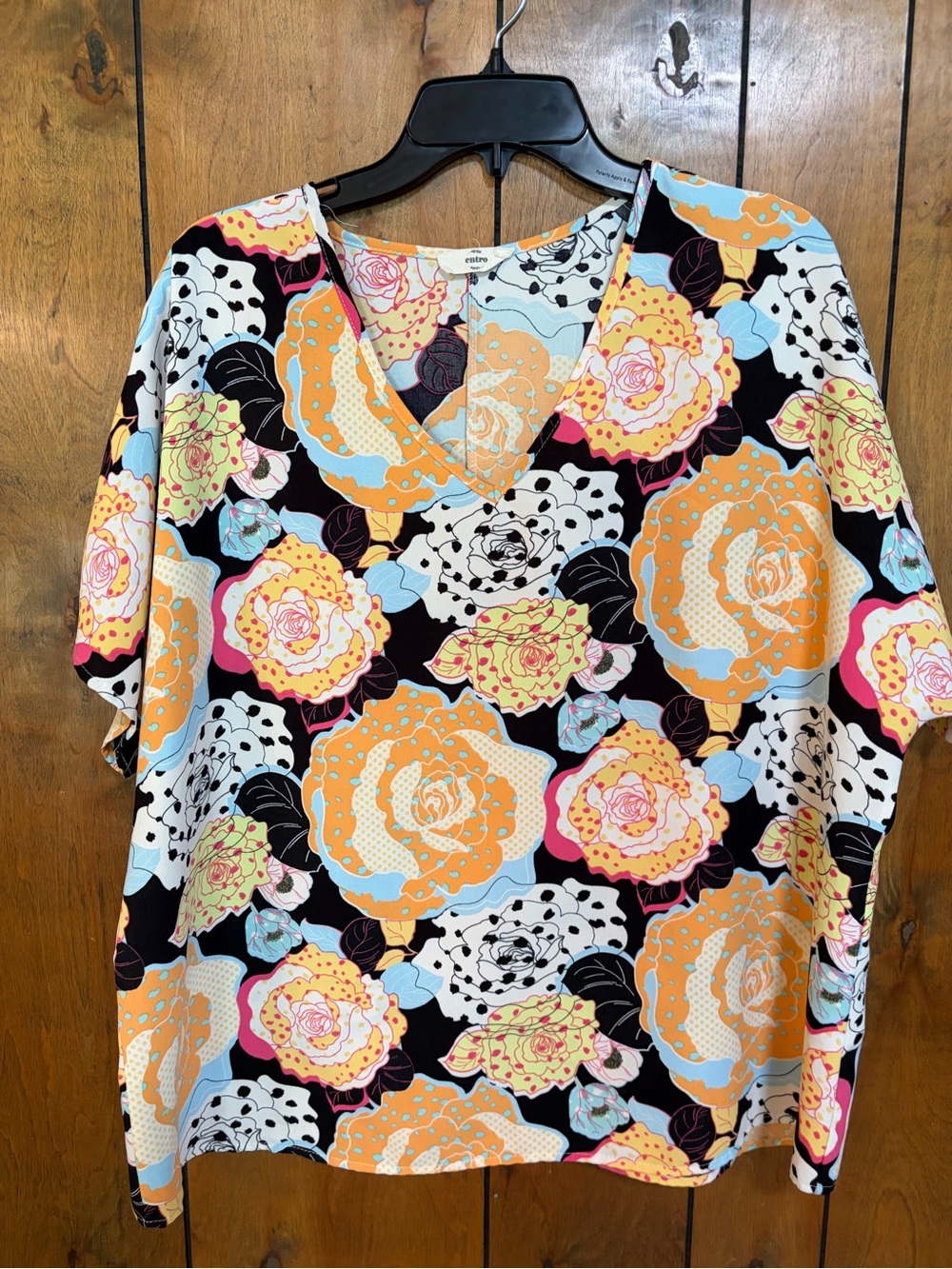 entro Floral V-Neck Tunic in Black, Orange, Pink and Blue